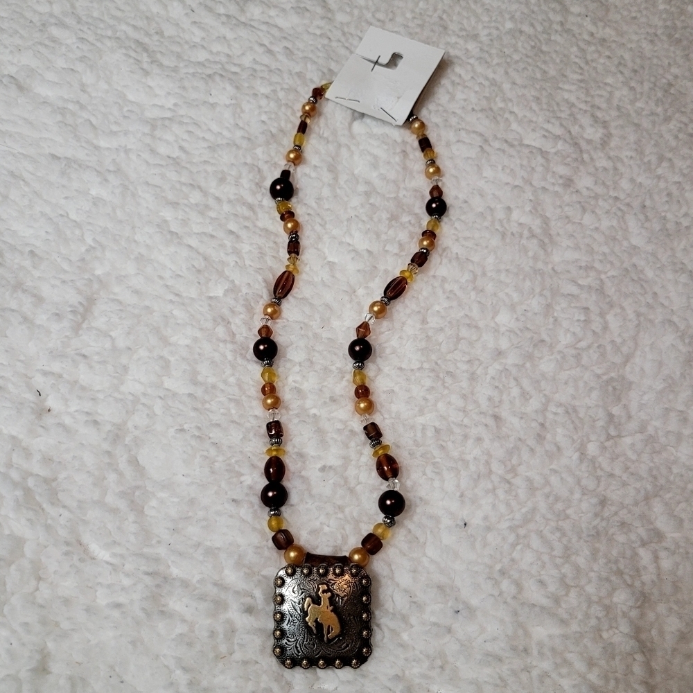 Brown Bead Rodeo Cowboy Necklace Silver